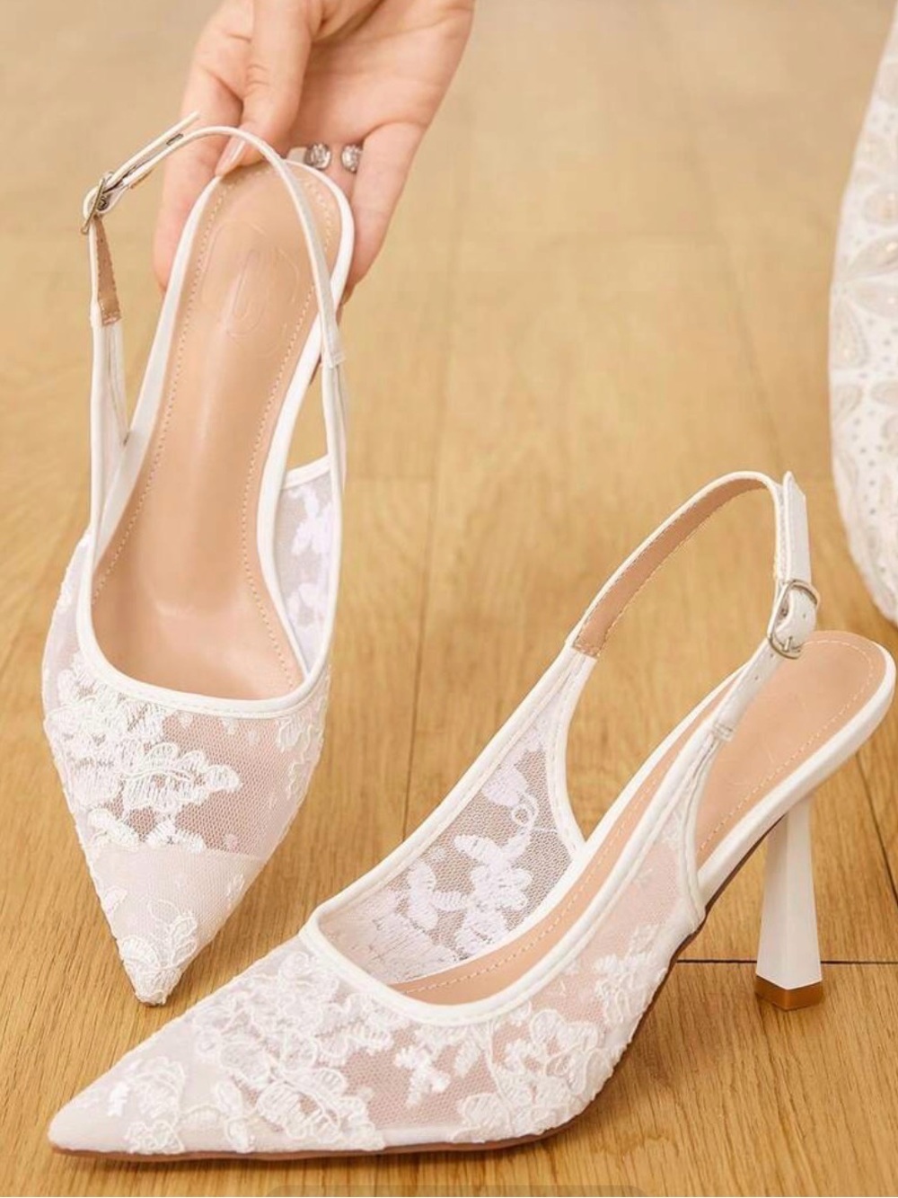 CUCCOO White Lace Bridal Slingback Heels